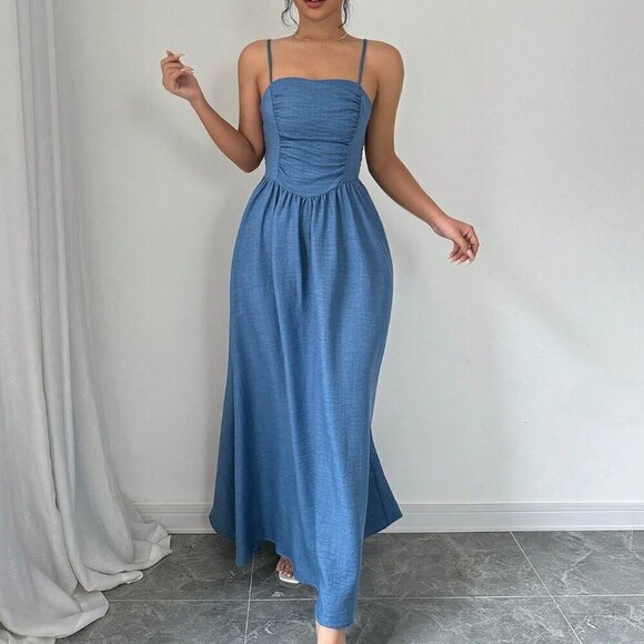 Dusty Blue Elegant Women's Solid Color Ruffle Hem Dress - Picture 4 of 6